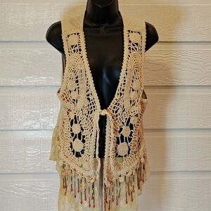 Awake by OS Boho Hippie Crochet Vest Lace  Beads SZ  XL Festival Cowgirl Chic